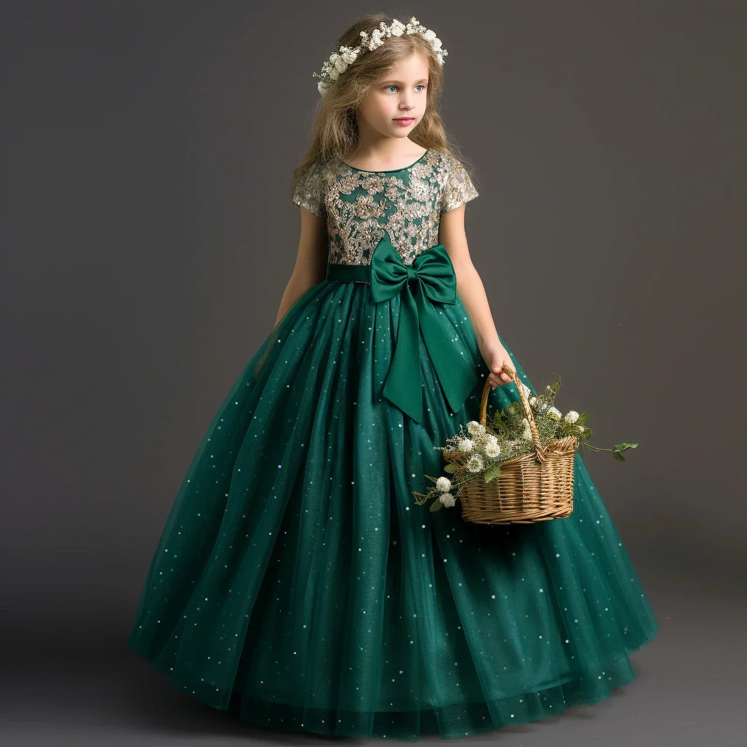 Girls Lace Birthday Party Gown Sequins Big Bow Princess Dress Graduation Ceremony Banquet Wedding Long Dress Children's Clothing