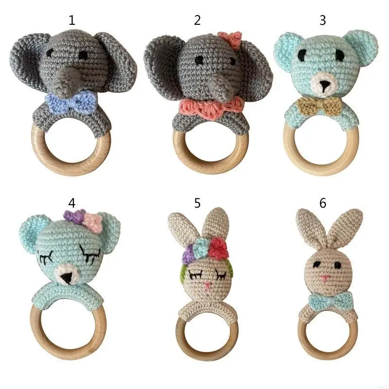 

E06F Cartoon Crochet Animal Rattle Infant Teething Nursing Soother Molar Baby Wooden Teether Ring for Newborn