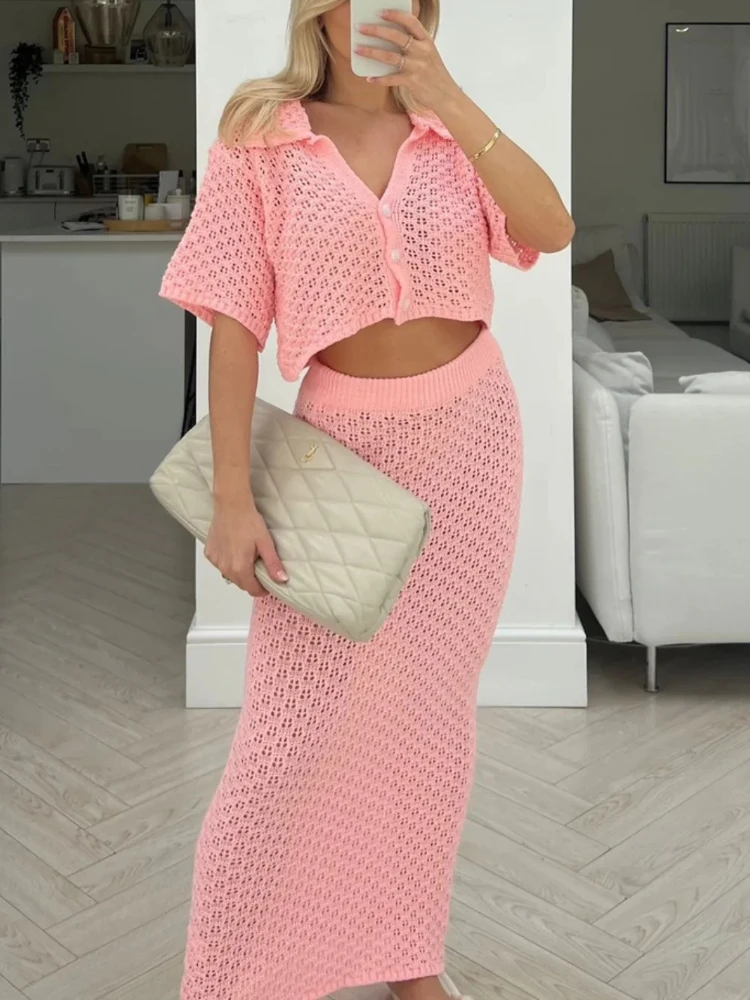 Elegant Women's Sets Beach 2024 Knitted Hollow Out Cardigan Top Bodycon Skirt Sets Mesh High-Waist Bottoms Suit Sexy Streetwear