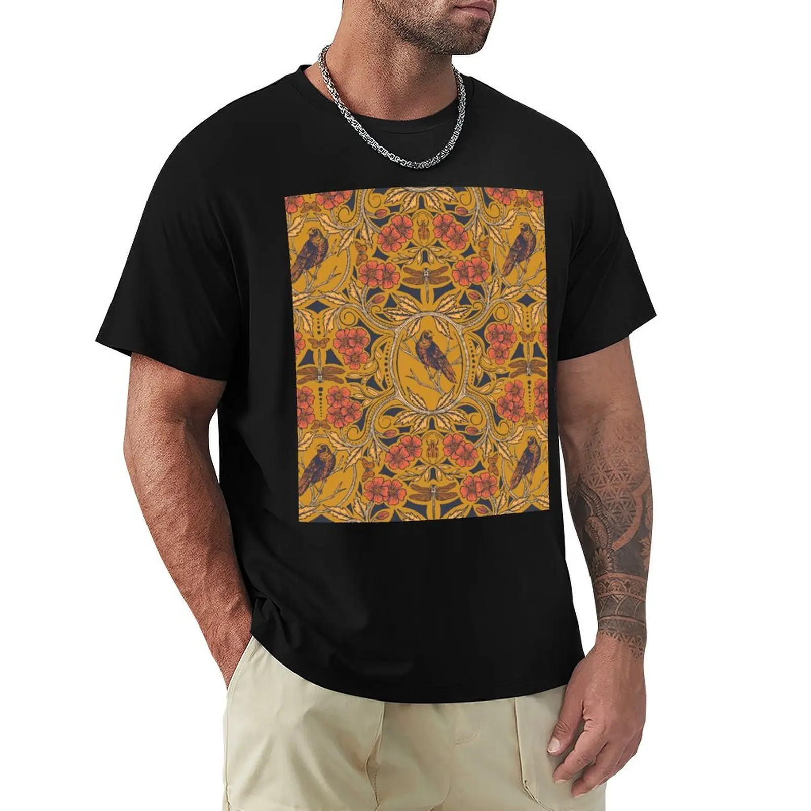 Warm Mustard Yellow & Orange Crow & Dragonfly Floral T-Shirt Thanksgiving Day Tee Top