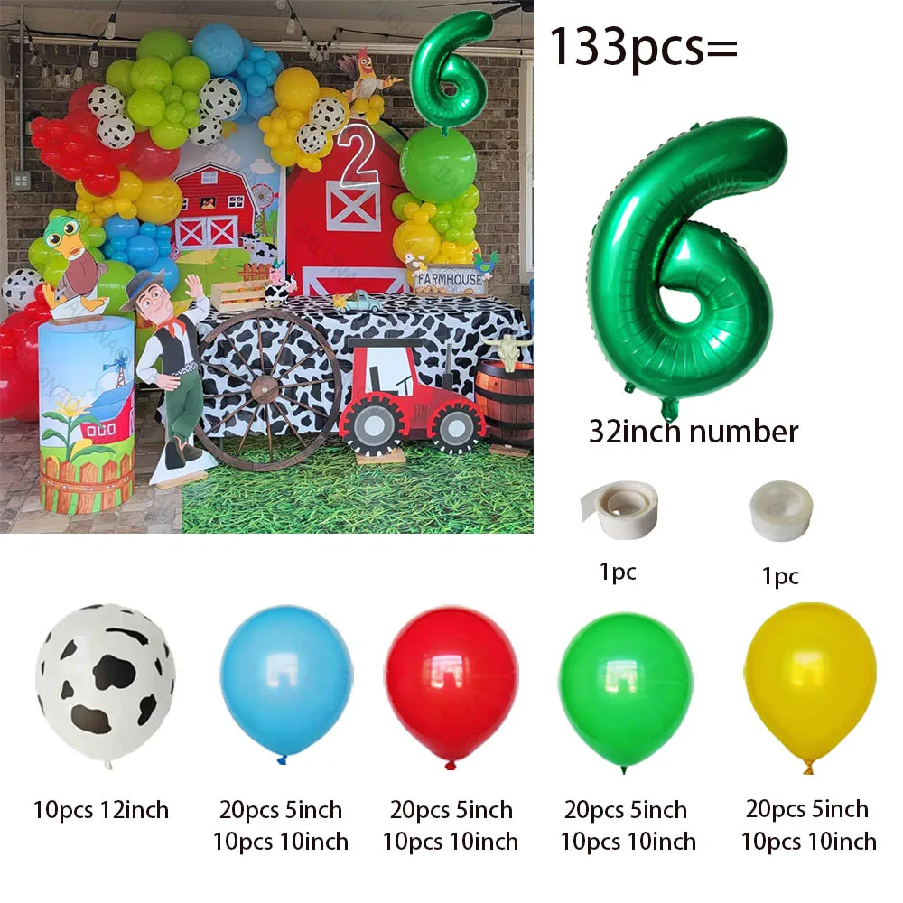 132pcs Red Yellow Green Cow Pattern Printed Latex Balloons Garland Arch Kit Farm Party Supplies Farm Animals Birthday Decoration