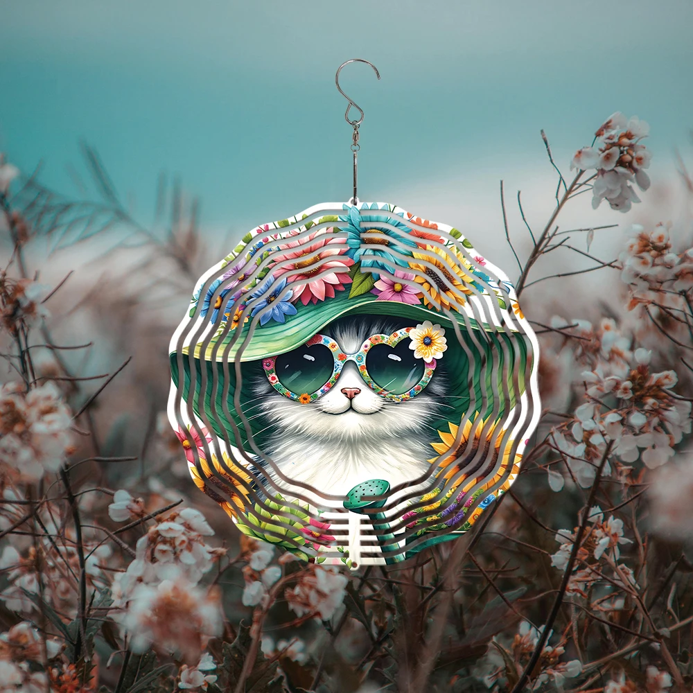 

1PC Foldable Cat In Hat And Sunglasses Metal Flowing Wind Chimes Hanging Decor With Swivel Hook Flowers For Outdoor Decorations