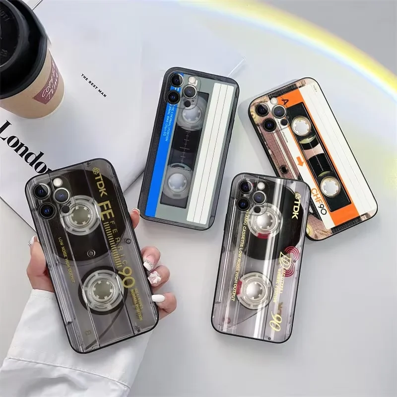 

Vintage Music Tapes Cassette Phone Case for iPhone 11 15 Pro Max Case Coque 14 Plus 13 Pro 12 X XS XR 7 8 SE 2020 TPU Soft Cover