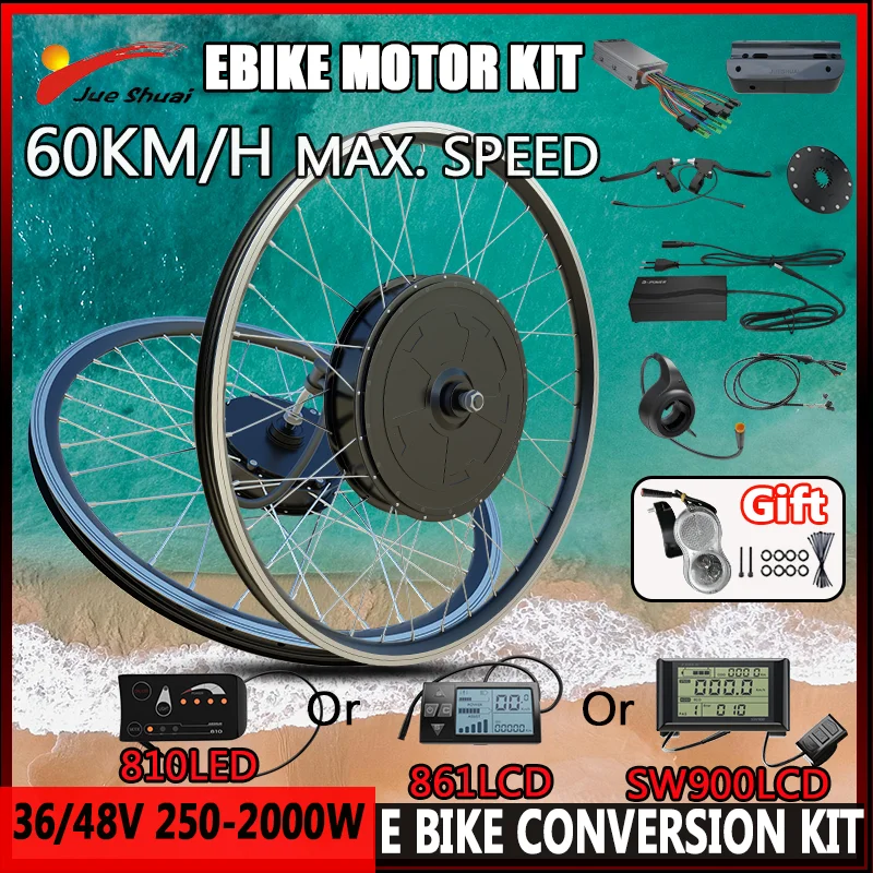 JUE SHUAI E Bike Coversion Kit 250W-2000W Brushless Hub Motor Wheel 60KM/H Top Speed E Bike Motor Kit V/Disc Brake 20