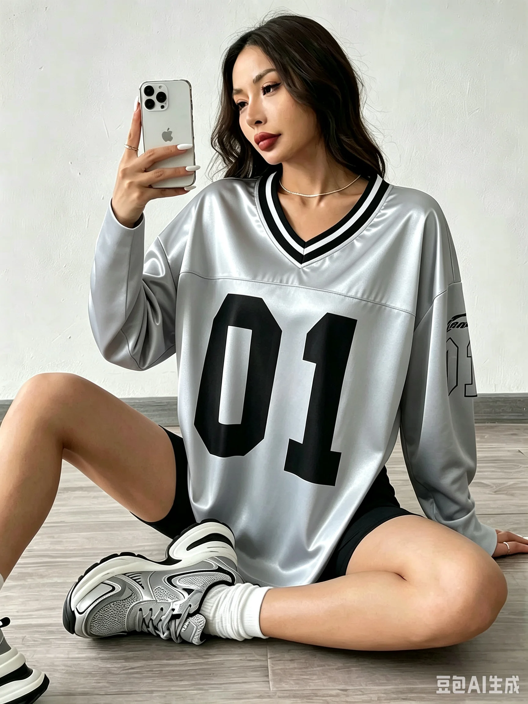 Herren Damen Vintage Langarm Oversized T-Shirt mit Nummer 01 Aufdruck, V-Ausschnitt, Modisches Sportliches Loose-Fit Streetwear Casual Oberteil – Detail 6
