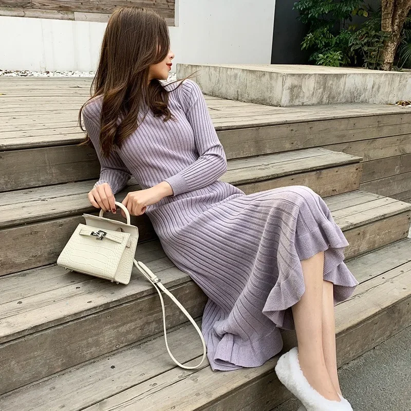 Korean Knitted One-piece Sweater Dress Women Autumn Winter High Elastic Long Dress Female Slim Wear Woolen Pleated Dress Y2k