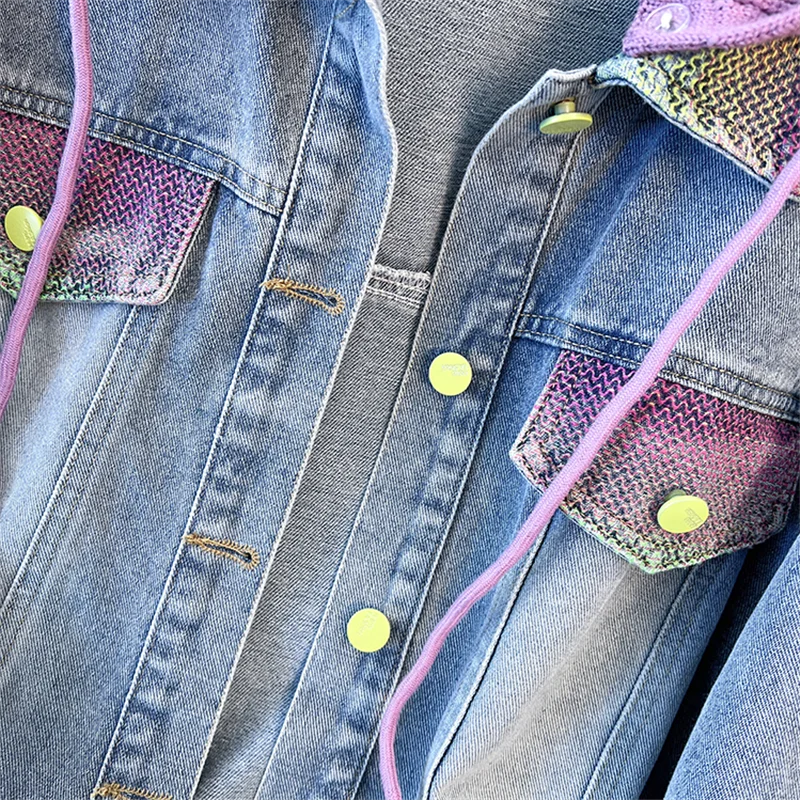 Mode Tie-Dye Abnehmbare Gestrickte Mit Kapuze Denim Jacke Frauen Kurze Cowboy Oberbekleidung Frühling Herbst Casual Langarm Jeans Jacke