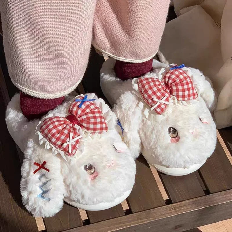 

New Autumn Winter Cute Rabbit Butterfly Knot Cotton Slippers for Women Warm Home Thick Bottom Woman Home Shoes Slipper