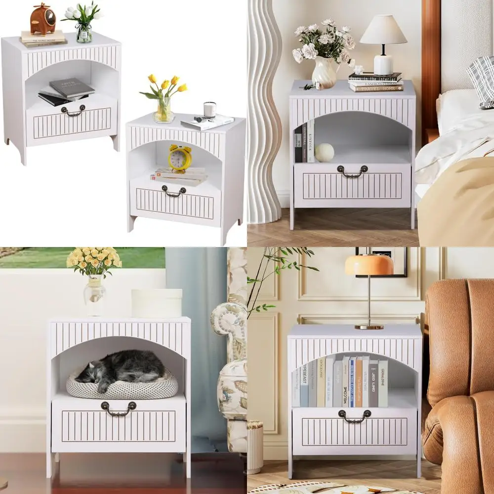 

Mid Century Modern Nightstands Set of 2 with Drawers and Open Storage for Bedside Use