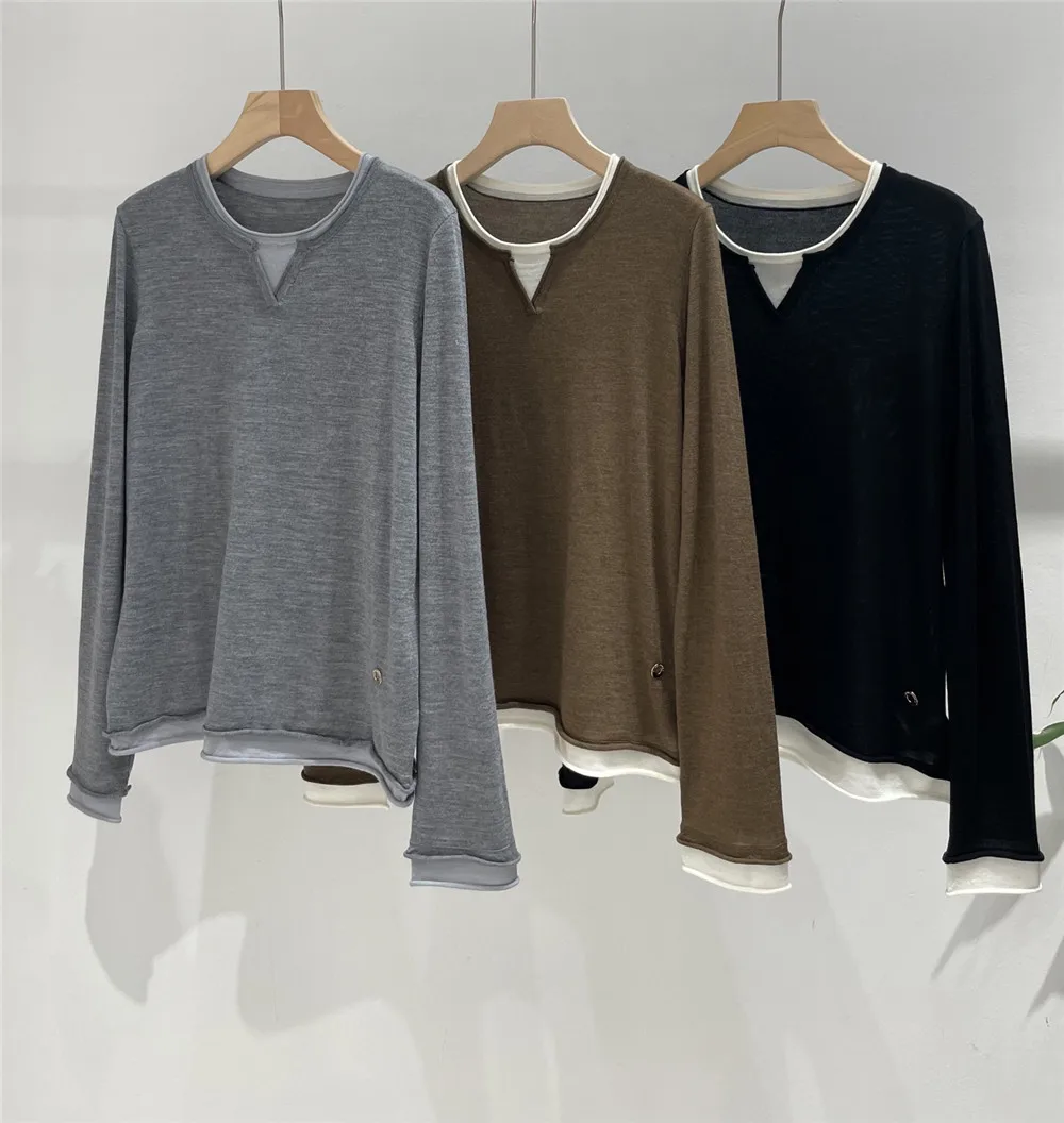 

100% Wool Fake Two-Piece Pullover Sweater Woman Casual Versatile Base Tops