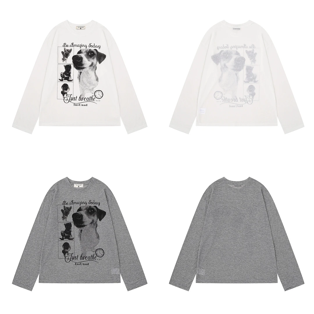 Vintage Dog Photo Letter Graphic Long Sleeve T Shirt Unisex Loose Casual Thin Pullover Streetwear Top