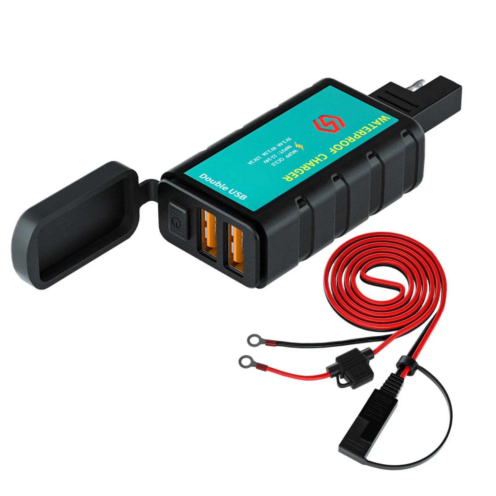 12-24V Motorcycle Double USB 3.4/2.5A Charger SAE to USB with ON/Off Switch SAE to O Ring Connecter Quick Charger