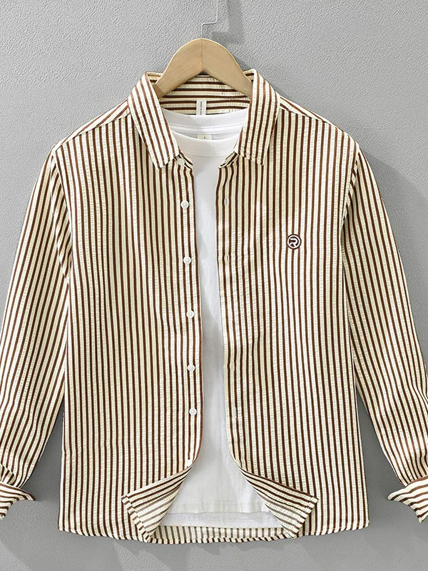 

Casual Long Sve irt Men's Autumn New Sle Mixed Stitching Loose Collar Jaet Stripe Pattern Embroidered Polyester Cott...