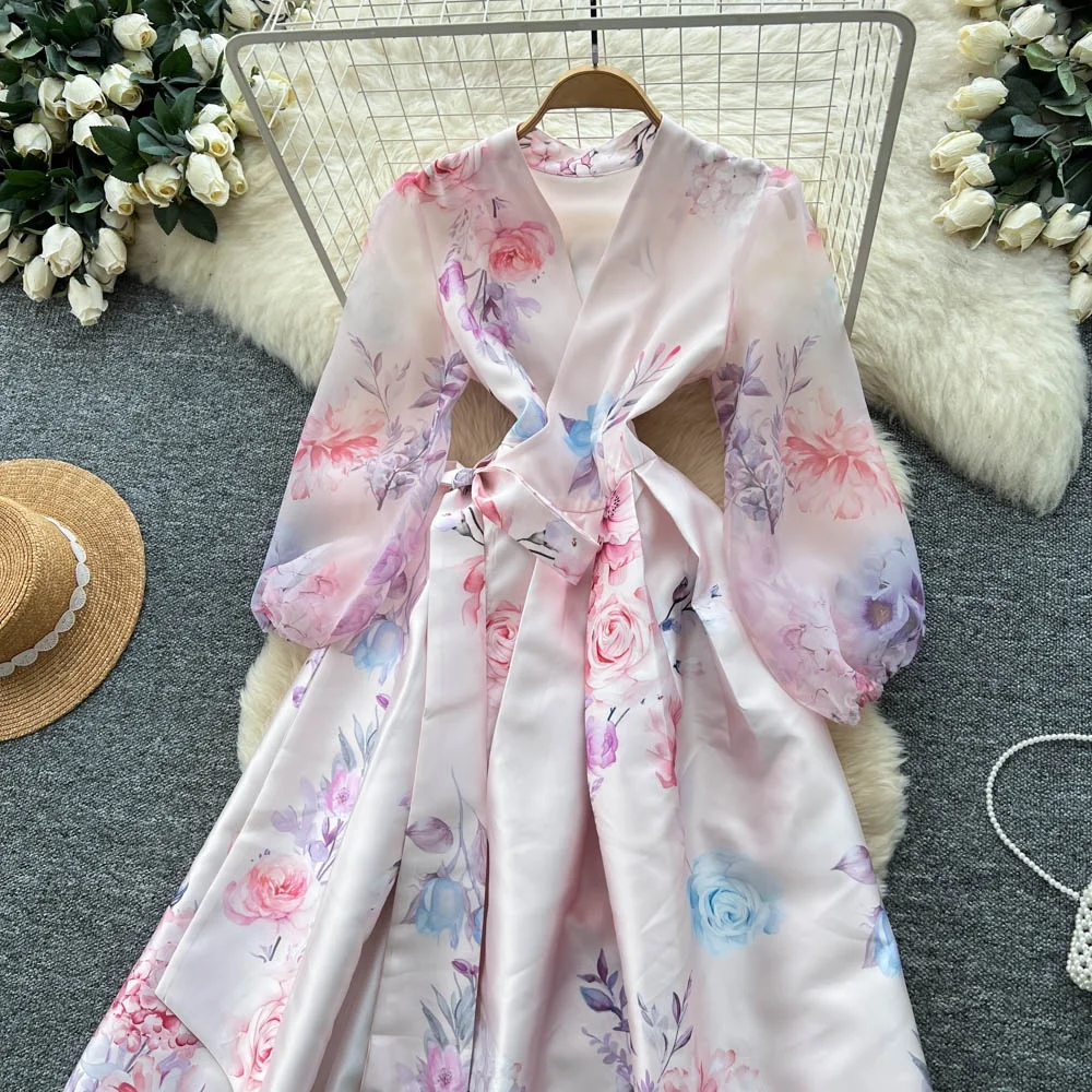 Clothland femmes élégant robe portefeuille en Satin à fleurs croix col en V à manches longues ceintures une ligne Vintage robes Maxi Vestido QE275