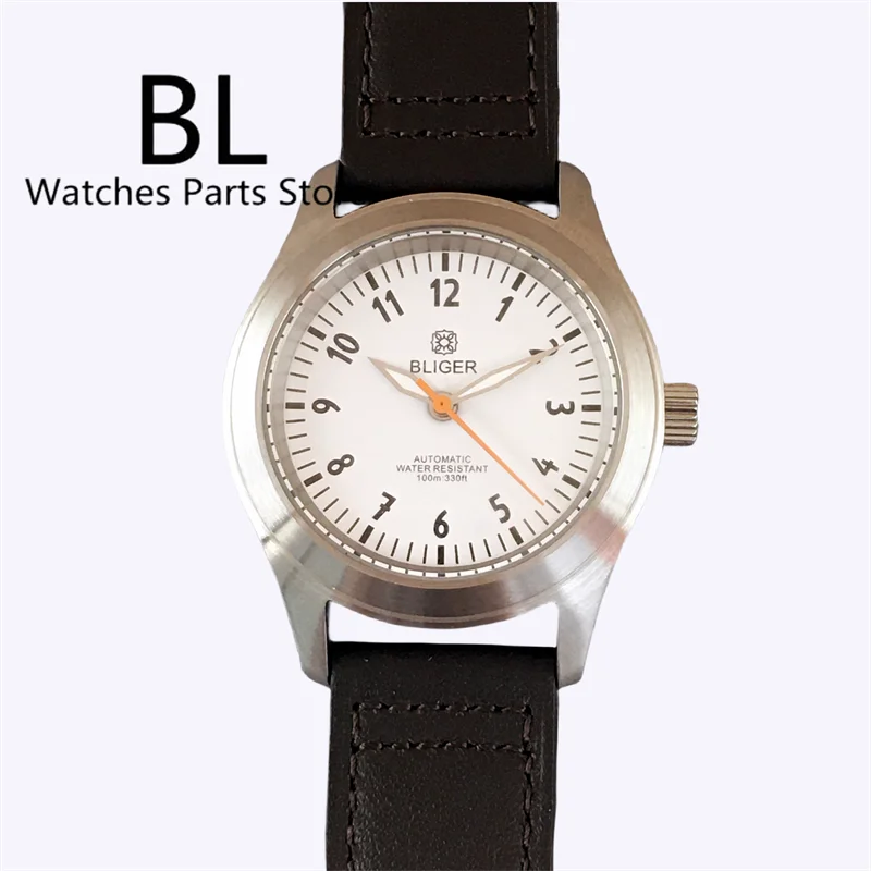 BLIGER 36mm/39mm NH35 Dive Pilot Autoamtic Watch For Men Brusehed Case Sapphire Glass Black White Dial Luminous Leather Strap