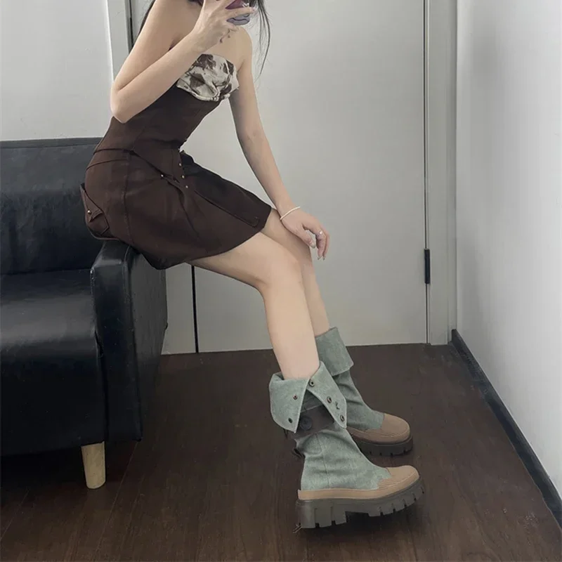 2024 Fashion Slip on Thick Heel Long Booties Autumn Winter Women Western Cowboy Boots  Retro Style Female Denim Shoes Size 35-40