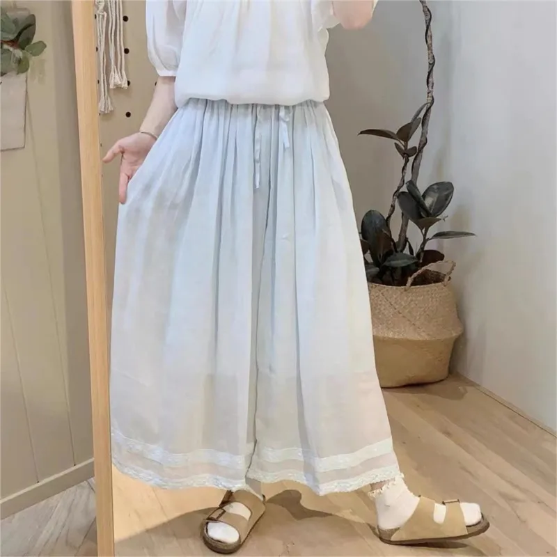 

Johnature Ramie Patchwork Lace Pants Women Summer 2025 New Lace-up Elasticated Waist High Waist Linen Wide Leg Women Pants