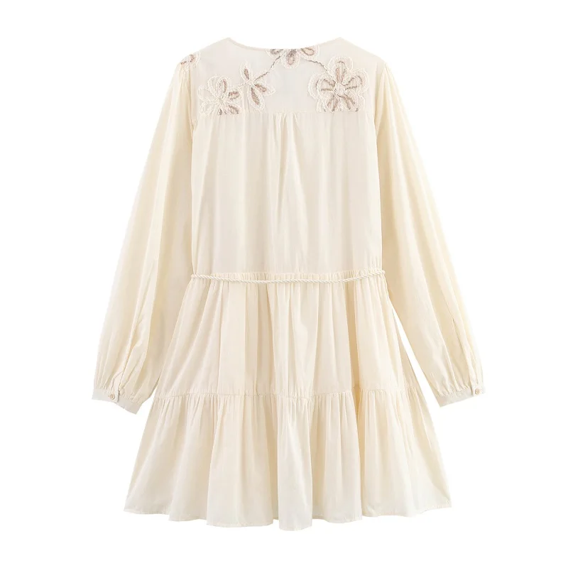 MUJER Flower Embroidered Mini Dress Women Tassel Pleated Short Dresses for Woman Summer Beach Women's Dress Boho Dress Woman