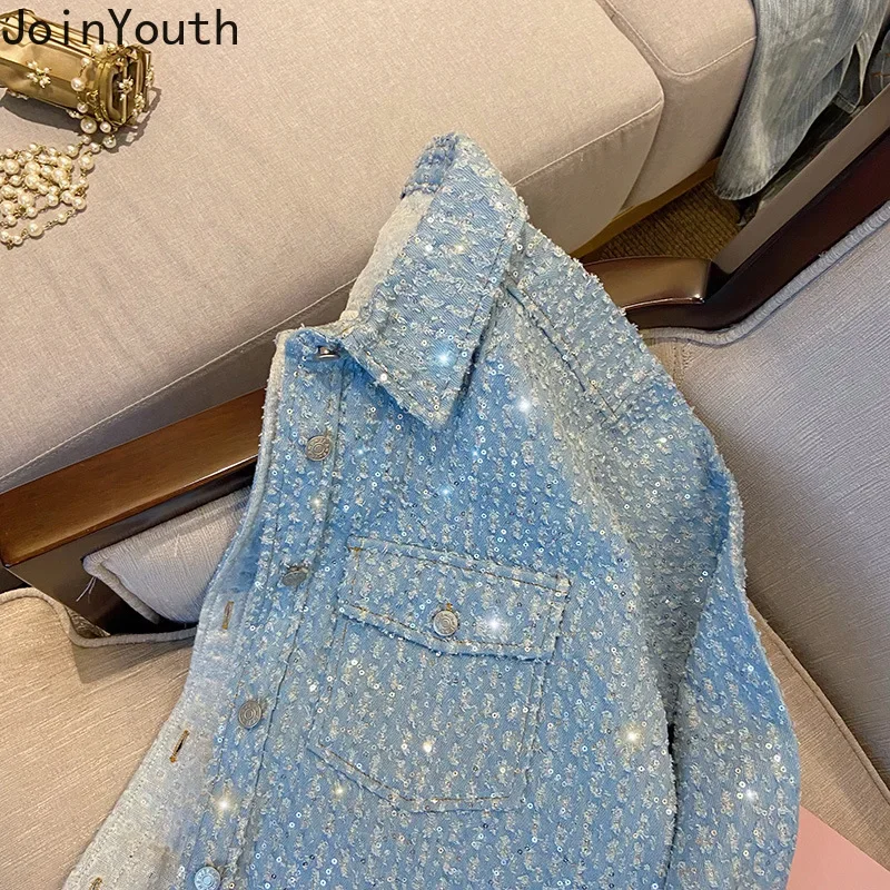 Streetwear Sequined Denim Coat 2024 Women Clothing Casual Korean Y2k Tops Ropa Mujer Long Sleeve Fashion Vintage Jackets 7o648