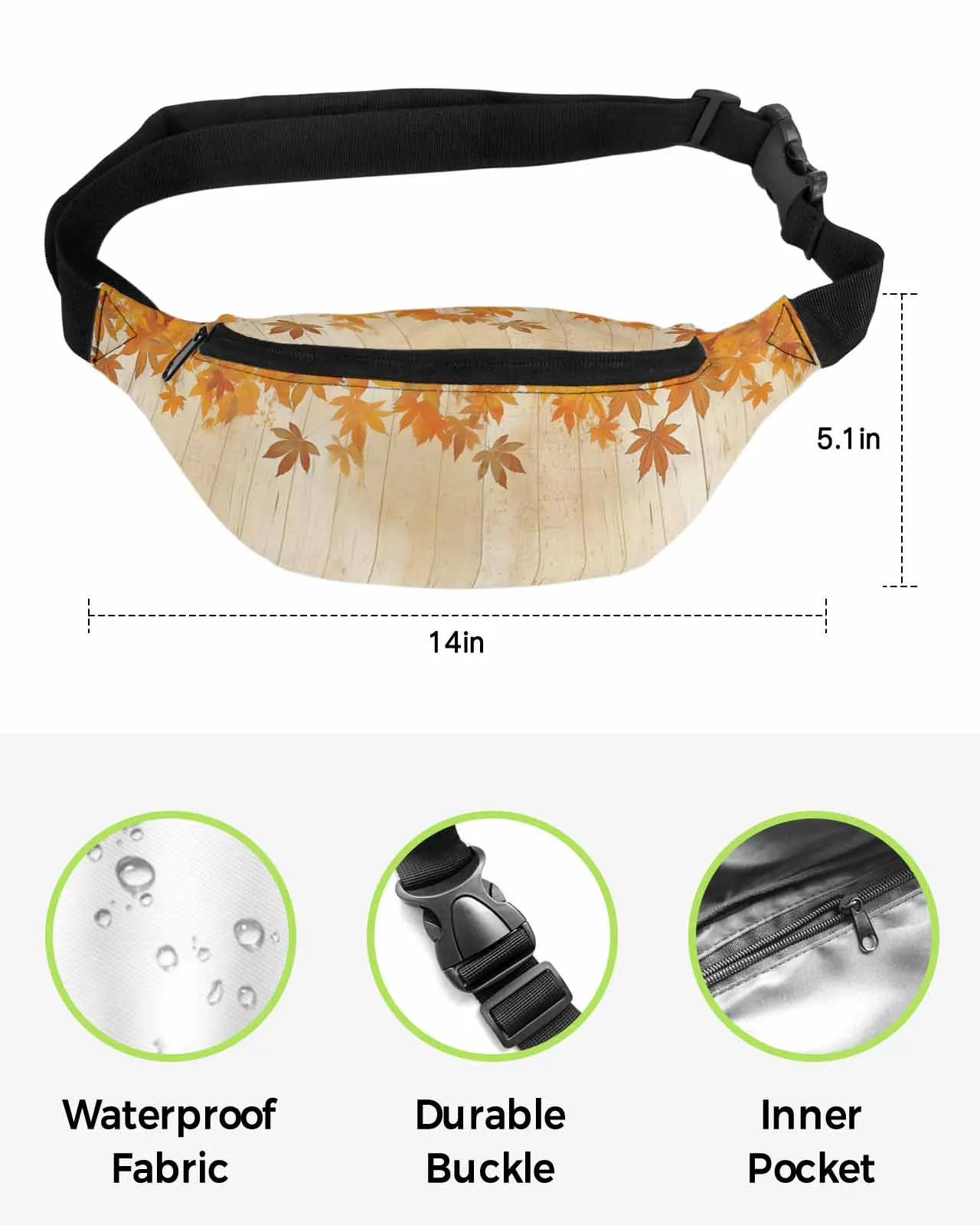 Impermeável Banana Hip Bags para homens e mulheres, Fanny Pack, Belt Bag, Carteira, Maple Leaf, Placa de madeira, Outono