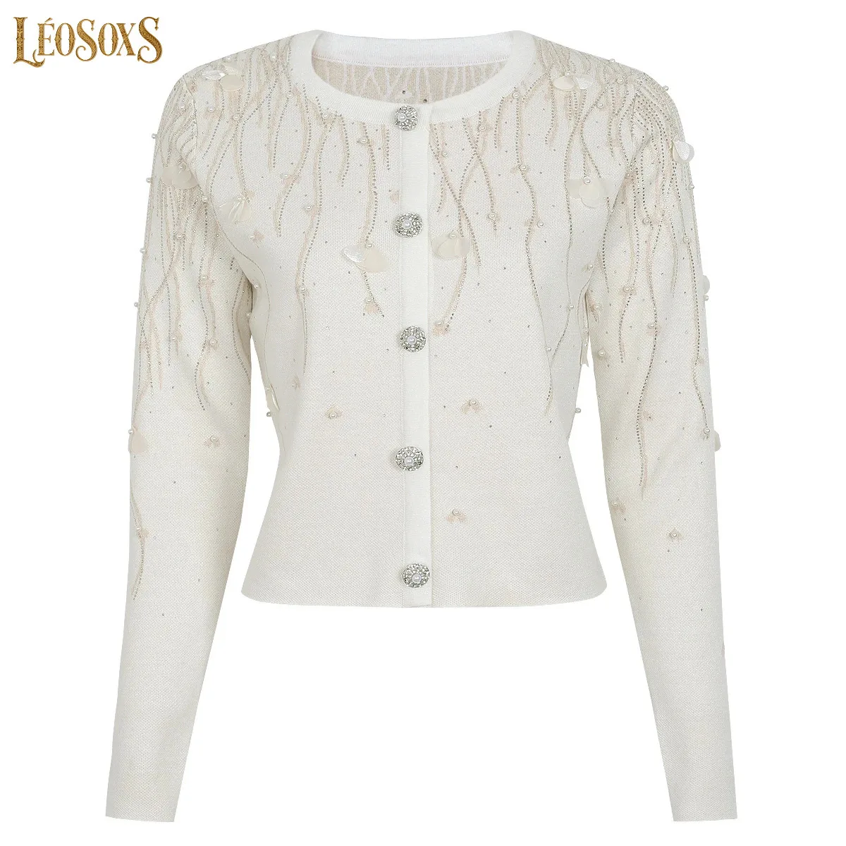 LEOSOXS HighQuality Spring Autumn Women's Knitted Cardigan, d Floral Heavy Nail Drill Design, Elegant Fashion Jacket