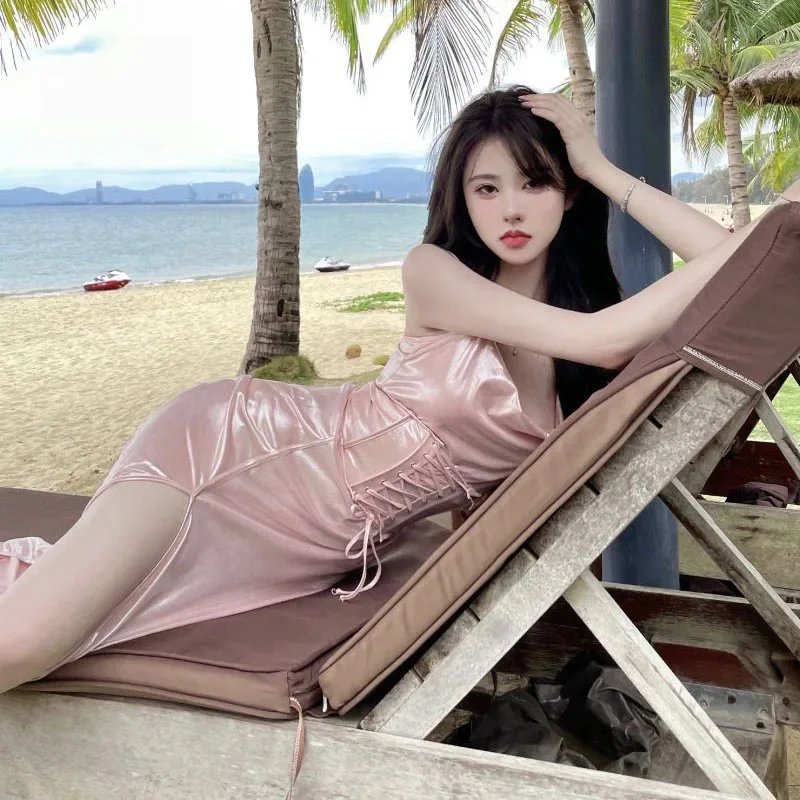 Xpqbb-ピンクのサテンのスパゲッティドレス,スパゲッティストラップ,セクシー,スリム,裸の肩,サイドスリット,マキシ,シックなイブニングドレス