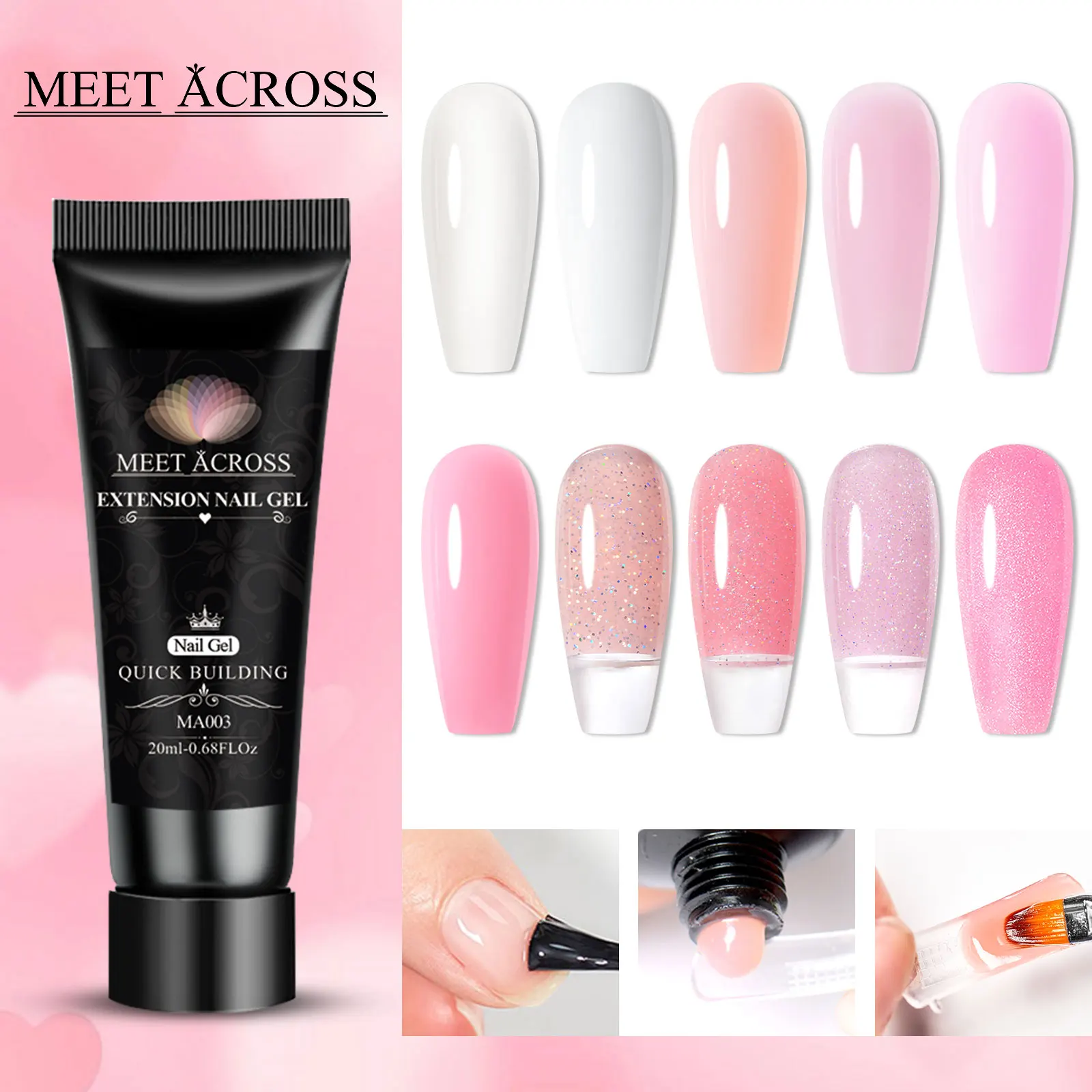 15-teiliges rosa Glitzer-Schnellverlängerungs-Gel-Nagellack-Set mit Slip-Lösung, Nagelschieber, Nagelclip, Pinsel, Datei, Verlängerungsgel-Werkzeuge