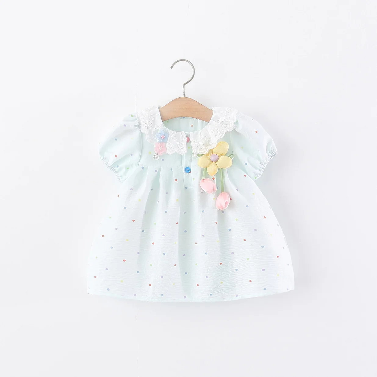 Toddler Girl Summer Dress Colorful Polka Dot 3D Flower Decor Lace Collar Puff Sleeve Dress Baby Outfit for Birthday Photoshoot