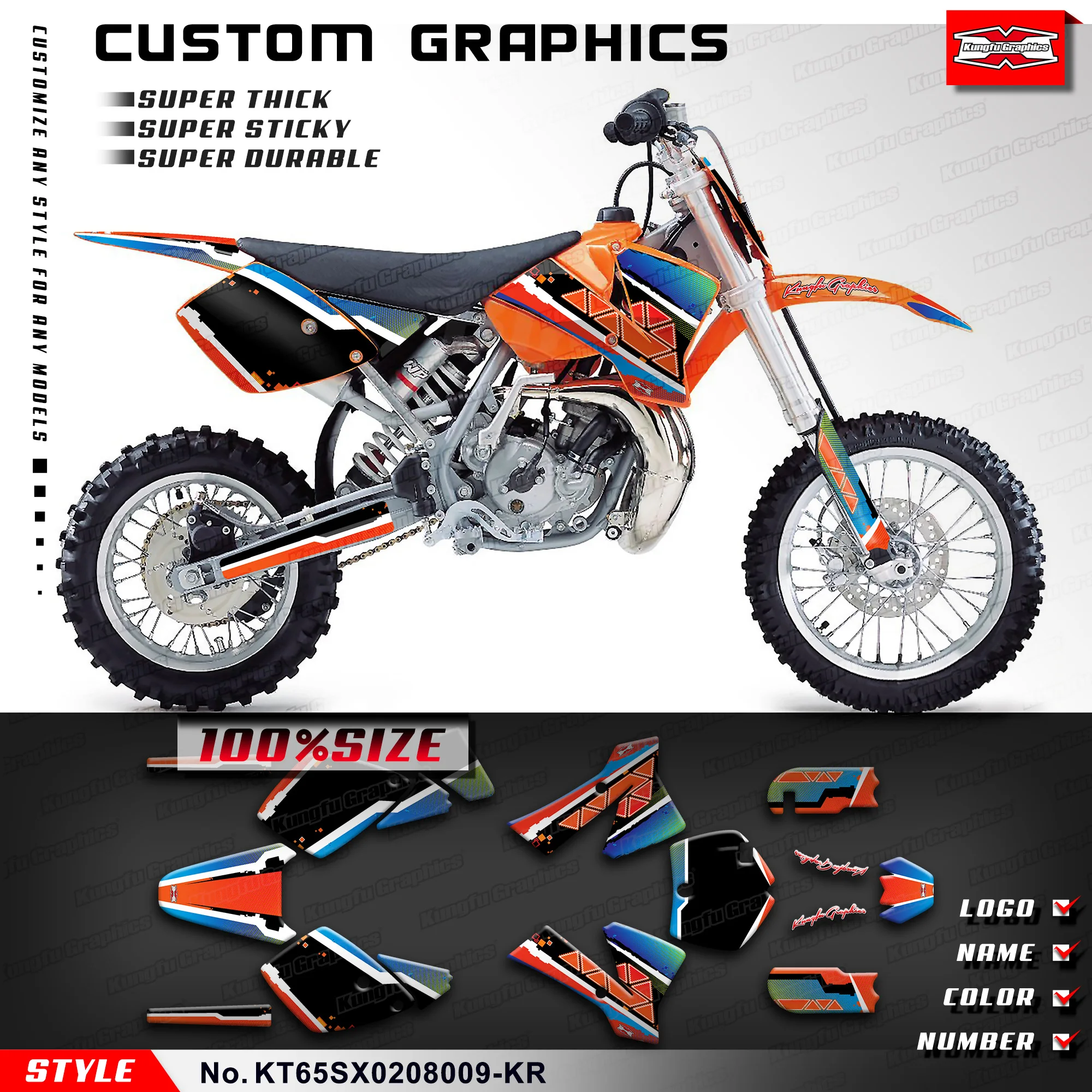 KUNGFU GRAPHICS Dirt Bike Decals Racing Sticker for KTM 65 SX 2002 2003 2004 2005 2006 2007 2008 Restyled, KT65SX0208009-KR