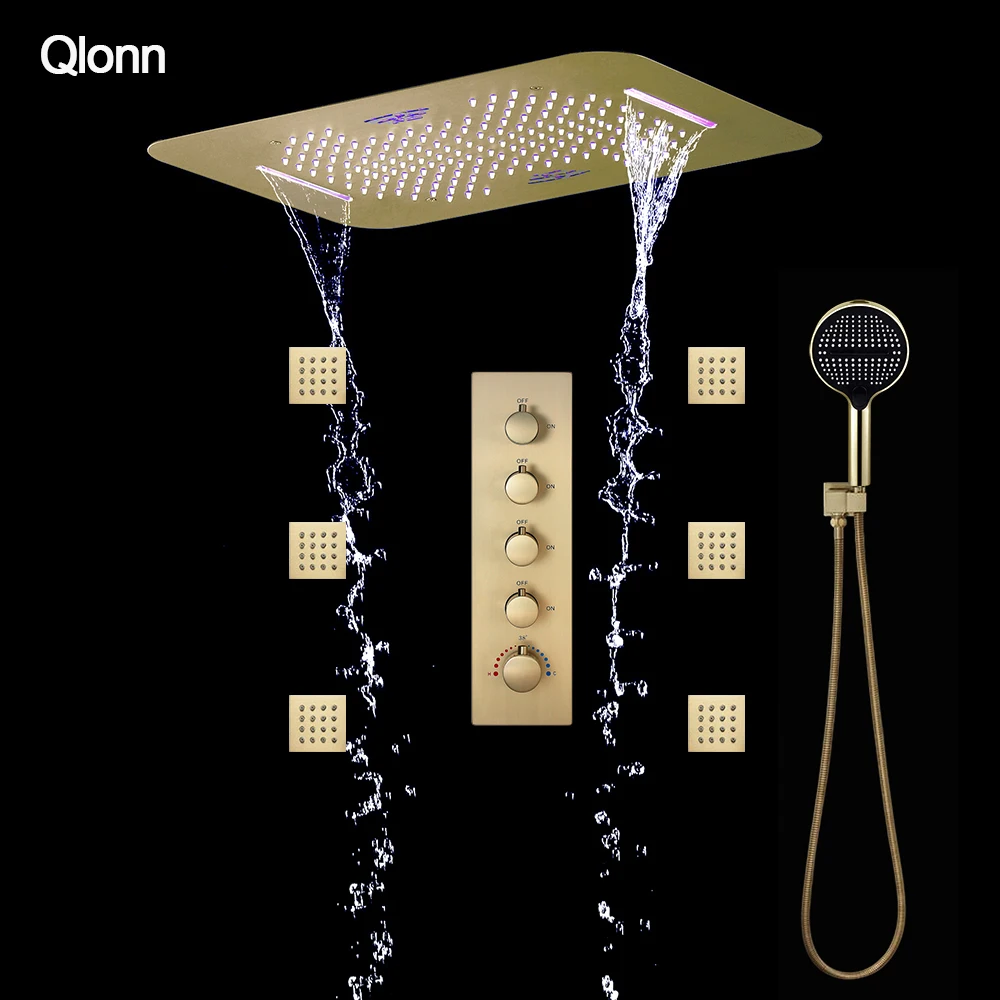 

Элитный золотой душевой набор Qlonn: смеситель для ванной комнаты, умный термостатический смеситель, потолочная душевая лейка 580*380 с LED-подсветкой и музыкой, массажные форсунки для душа