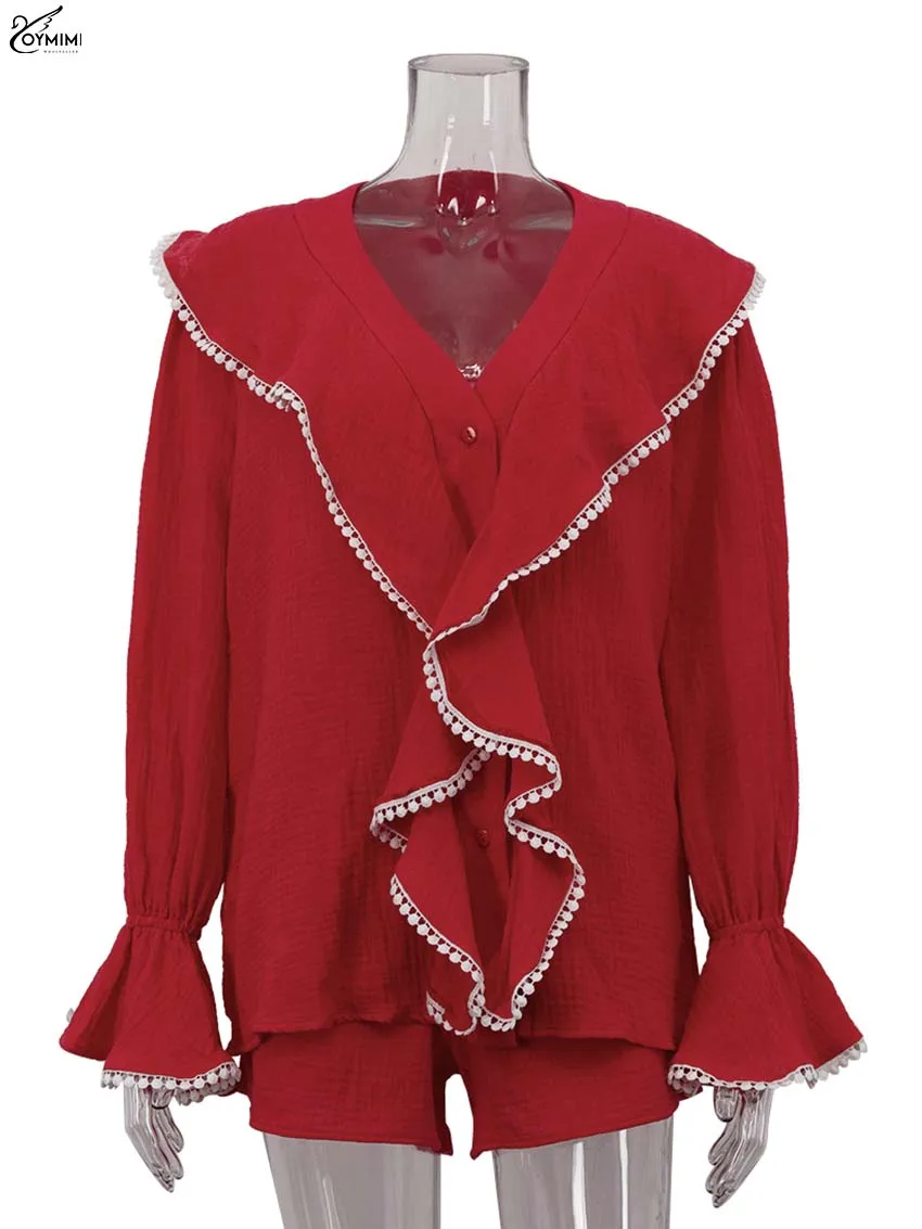 Oymimi Eleagnt Red Cotton 2 Piece Sets Woman Outfits Fashion Long Sleeve Lace Ruffled Button Shirts And High Waisted Shorts Sets