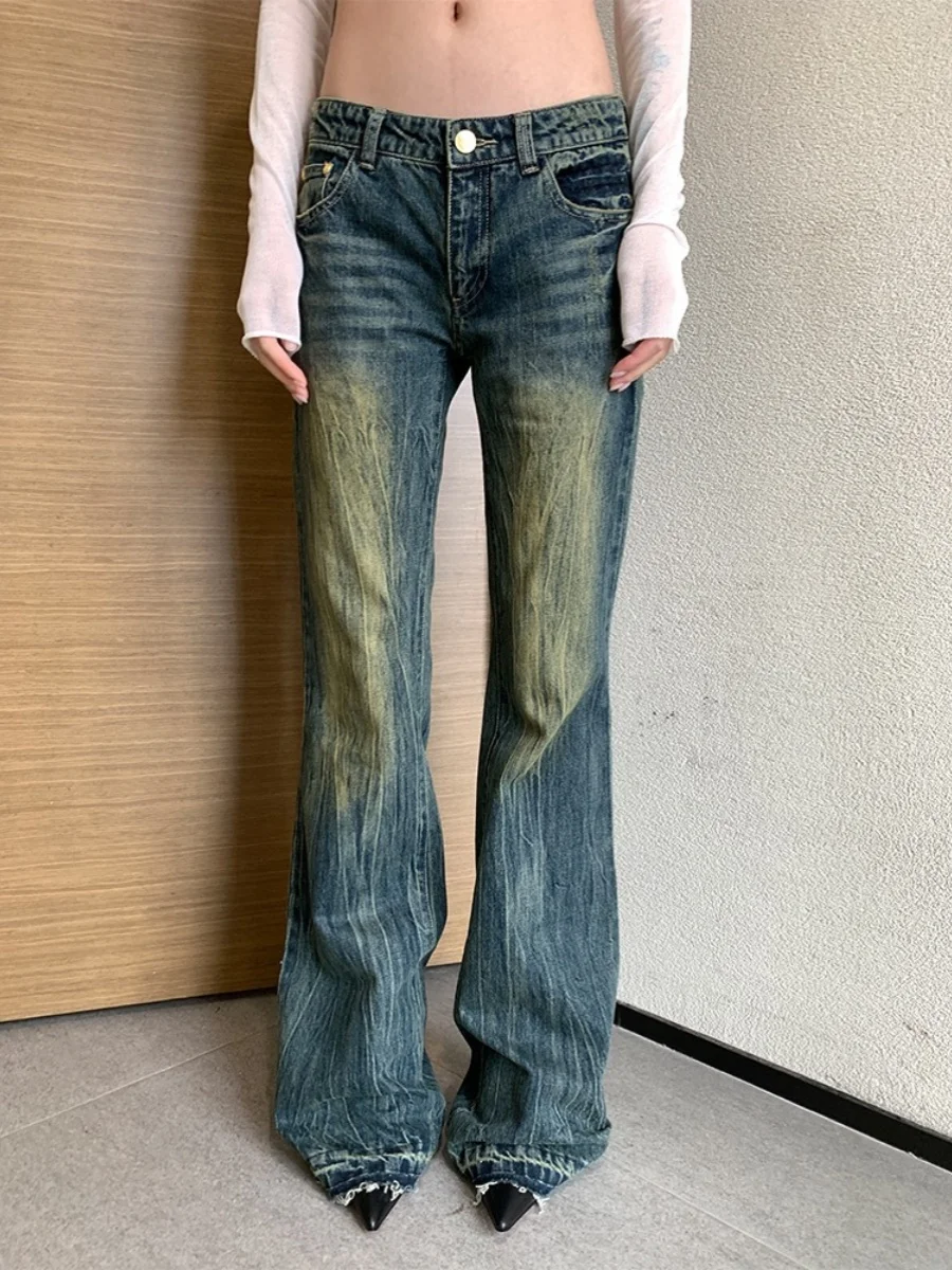 Ripped Bell Bot Jeans Denim Pants Embroidered Lettering Worn-In Look High Waist Long Leg Zipper Closure Deep Blue Color