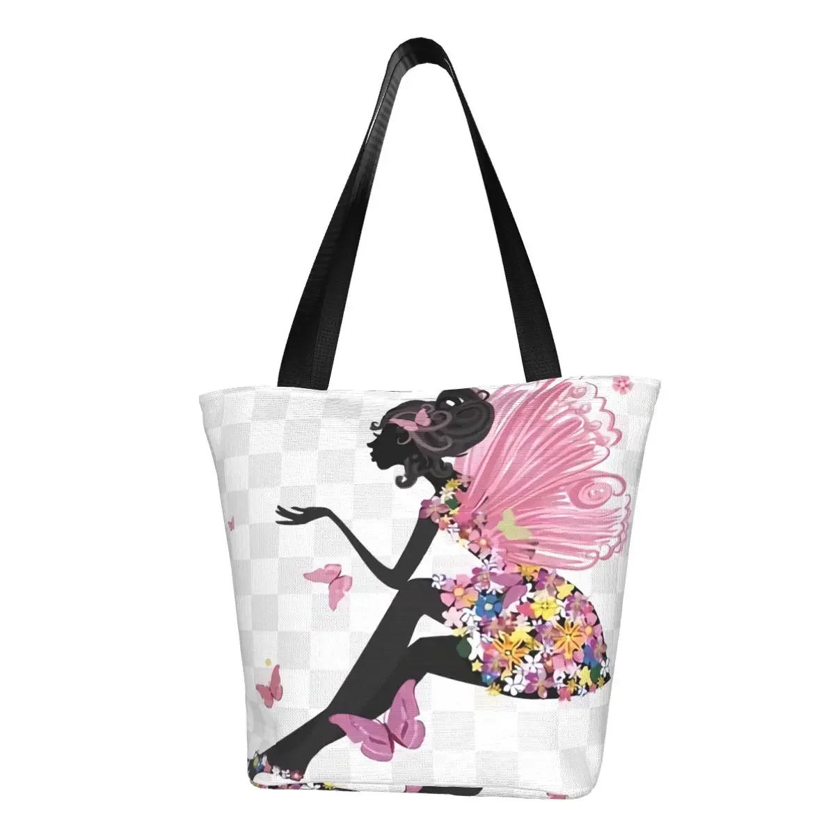 Kawaii Printed Flower Fairy Girl Shopping Tote Bags Portable Canvas Shopper Shoulder Handbag