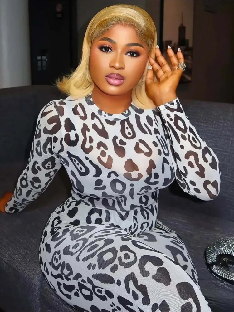 

Тонкий новый комплект в тон, комплект из 2-х предметов для женщин, наряд из двух предметов, Blusas, топы с длинными рукавами, прозрачные сексуальные брюки с леопардовым принтом