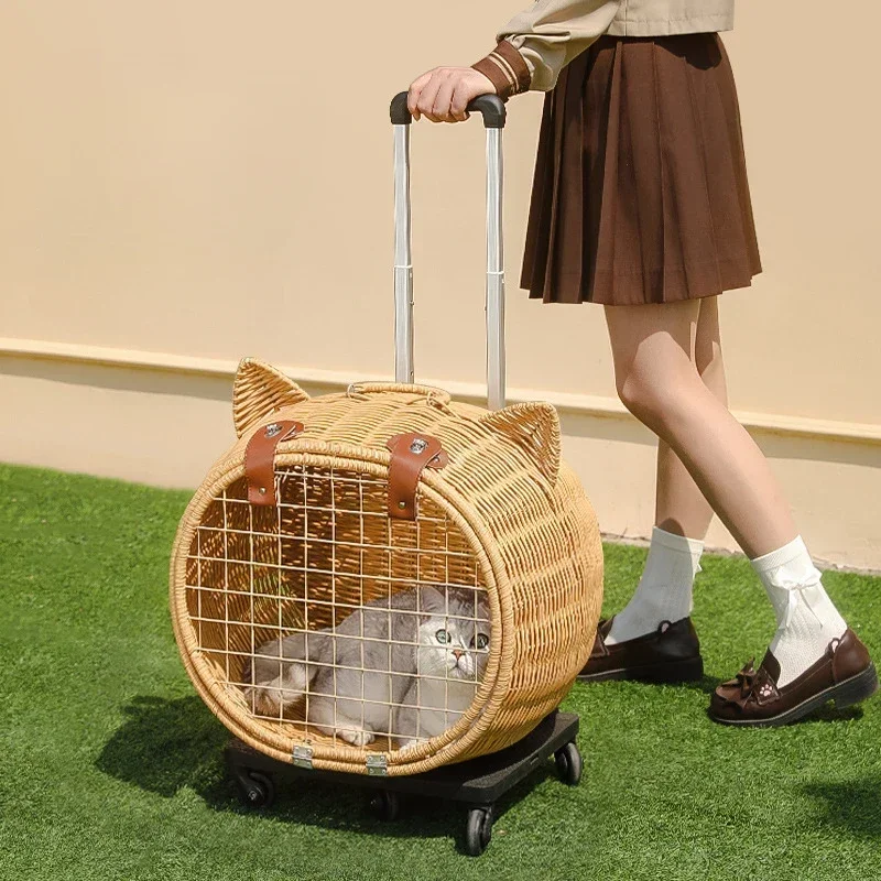 Breathable Cat Bag, Portable Pet Crate, Dog Tote Bag with Trolley, Handwoven Cat Cage, Lightweight Pet Luggage, Vintage Style