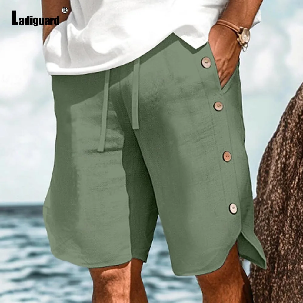 

Мужские винтажные хлопковые шорты на пуговицах, полуниз, 2021, повседневные пляжные шорты в европейском стиле, однотонные зеленые, белые шорты на шнурке