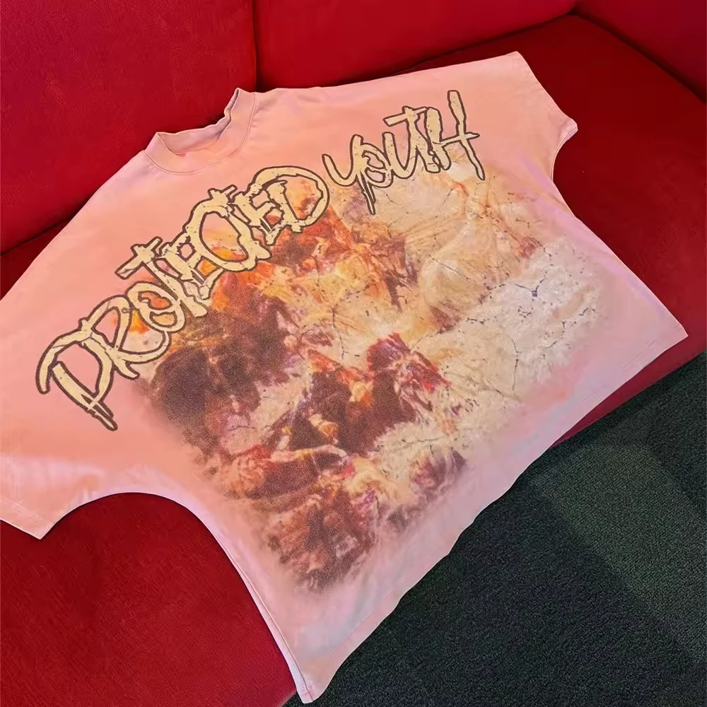 

Men Fashion Oversized T-Shirt 200g Men's New Short-sleeved Cotton Vacation Pattern Short-sleeved Round Neck Couple Style Street