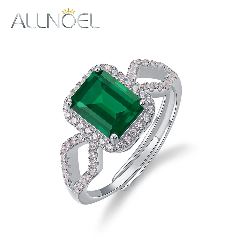 

ALLNOEL Real 925 Sterling Silver Adjustable Ring For Women Rectangle 6*8mm Lab Created Emerald Luxury Wedding Gifts Fine Jewelry