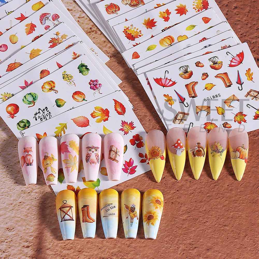 24 szt. Jesienne naklejki na paznokcie z motywem liści klonu, naklejki transferowe, geometryczne liście, grzyby, indyki, dynie, wzory z wiewiórką, dekoracje do manicure