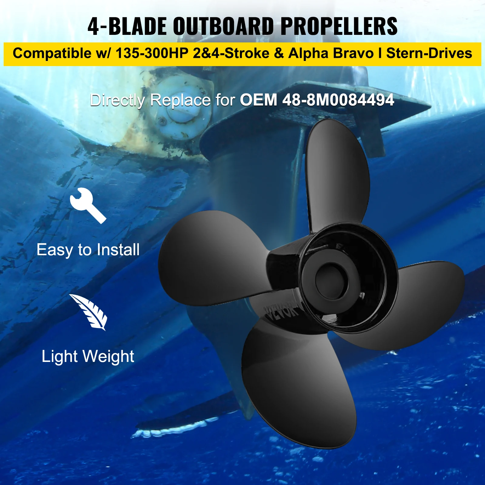 VEVOR Outboard Propellerfor OEM 48-8M0084494 4-Blade 14 1/2 x 17 Boat Propeller Compatible w/ 135-300HP 2&4 Stroke Outboards