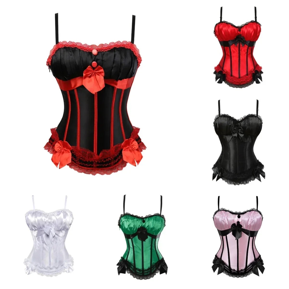 Corset for Woman Vintage Strap Corsage Gothic Satin Corsets Zip Up Bustier Padded Cup Overbust Carnival Party Costumes Plus Size