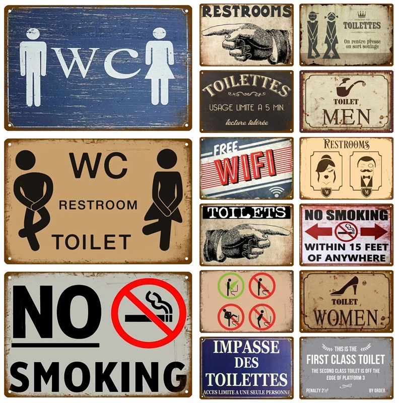 Vintage Metal Sign Home Funny Decor Toilet Tin Sign WC Lavatory Toilettes Wall Art Bathroom Restroom Toilet Wall Decoration Pub