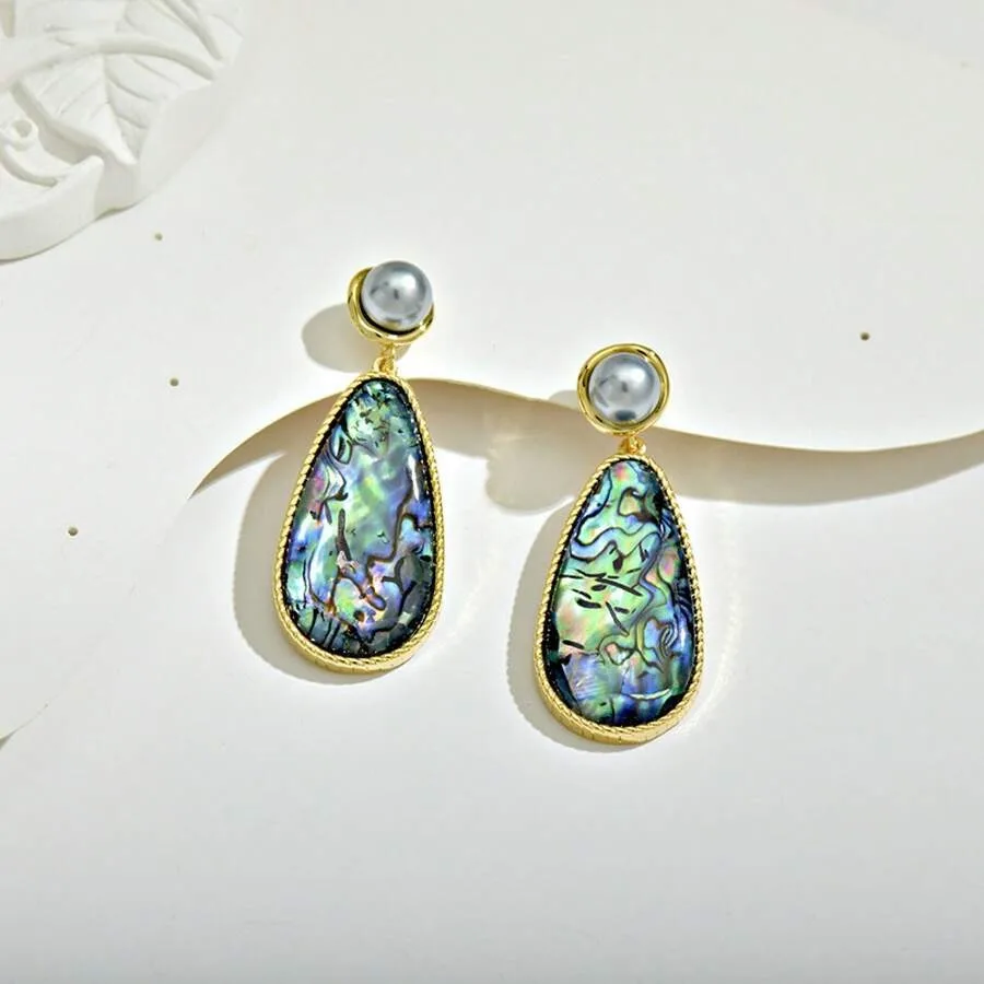 

-Style Vintage Pearl Drop Abalone Earrings With Carved Designs, Light Luxury And High-End Fashion Earrings Women