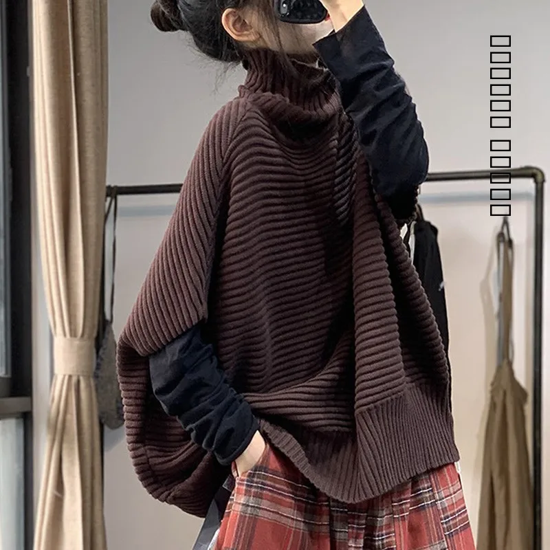 

Свободный вязаный свитер с высоким воротником Ele Loose Svel: комфортный, винтажный, художественный, осенне-зимний, стройнящий топ