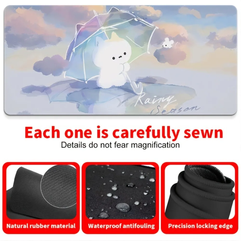 

Cute Kawaii Bunny with Rainbow Umbrella Large Mouse Pad, Waterproof Rainy Season Desk Mat