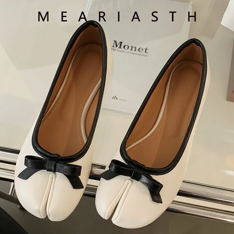 

size 35-40 Split Toe Shoes Tabis Ballet Flats Women Black Leather Mary Janes Butterfly Knot Ballerinas Zapatos mujer