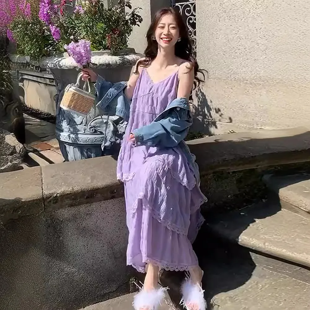 Befree Lungo Vintage Casual Ruffles Elegante Maxi Strap Camis Setoso Beach Pizzo Elegante Vestito da Partito Abiti Donne Sexy Puro Desiderio