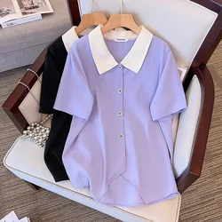 170Kg Plus Size Women's Bust 170 Summer Loose Small Fragrant Style Lapel Short Sleeved T-Shirt Black Purple 6XL 7XL 8XL 9XL 10XL