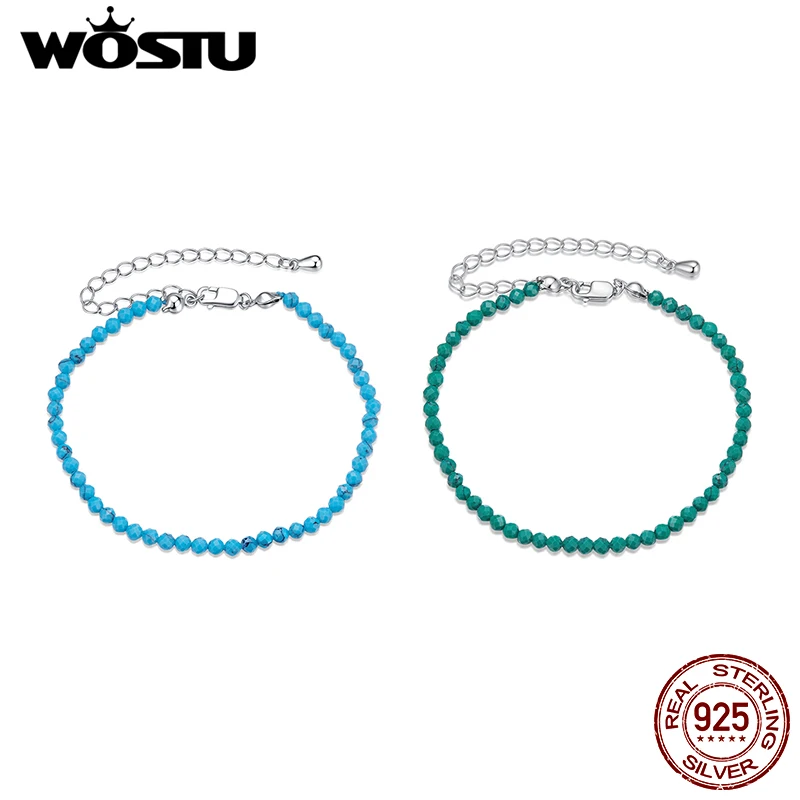 WOSTU 925 Sterling Silver Handmade Blue Green Turquoise Bracelet For Women Stackable Bohemia Chain Links Summer Jewelry Gift