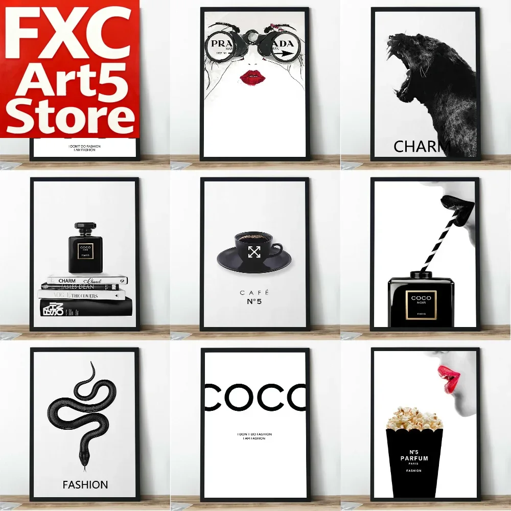 1PC Affiche Murale Giclée Noire et Blanche, Style Pop Art, Motif Coco, Bouteille de Parfum, Luxe Nordique Minimaliste Sans Cadre, Décoration Murale Tendance